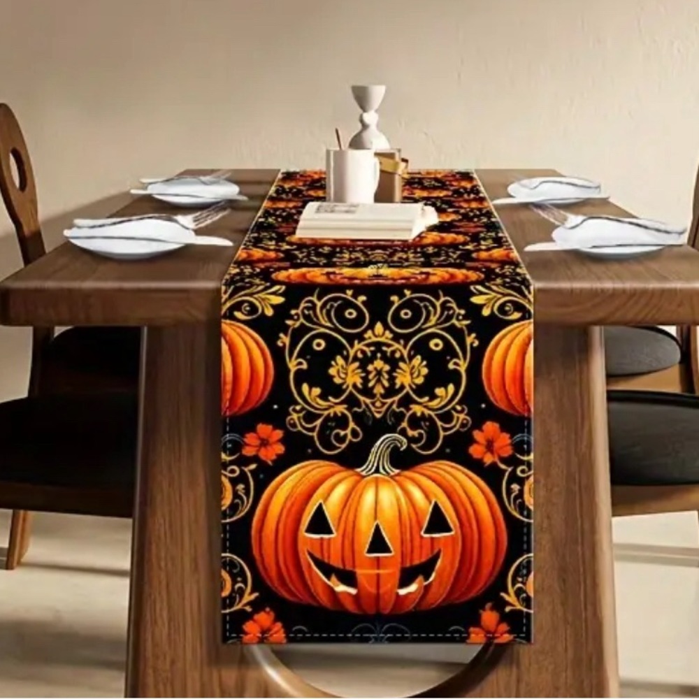 13x72” Table Runner, Autumn Thanksgiving Halloween Pumpkin Design vintage style